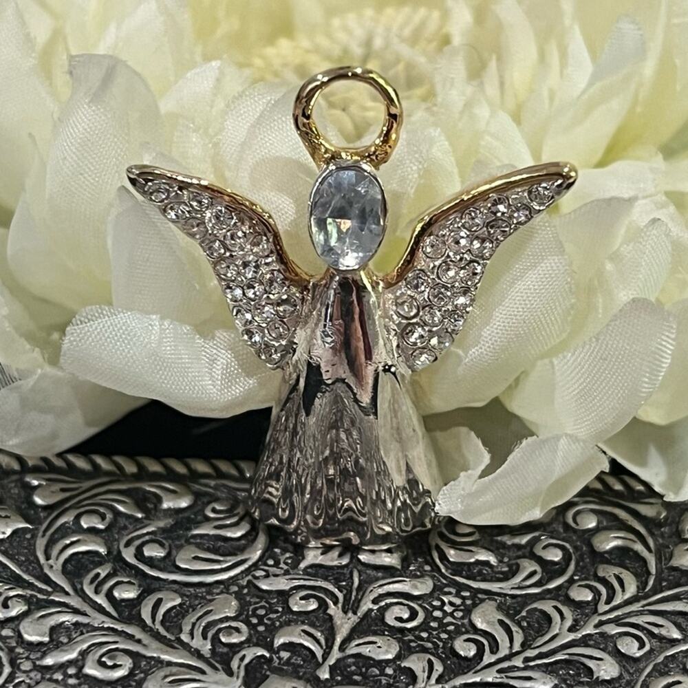 NEW Vintage Signed Best Jewelers Silver Gold Crystal Angel Pendant Brooch Pin
